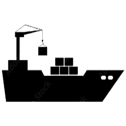 Silhouette of a cargo ship with a crane lifting a container, symbolizing maritime shipping and logistics.