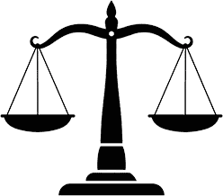 Black silhouette of a balanced scale, symbolizing justice, equality, and judicial fairness.