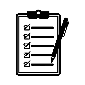 Black and white illustration of a clipboard with a checklist, each item marked with a check, and a pen on the right, symbolizing organization, task management, and completion of tasks or goals.