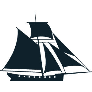 A sailing ship with multiple sails unfurled, depicted in a side profile view in black and white..