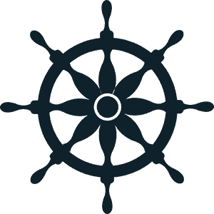 A black ship’s wheel, also known as a helm.
