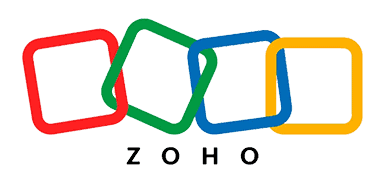 Zoho Corporation logo with four overlapping square outlines in red, green, blue, and yellow colors, and the word ‘ZOHO’ in black capital letters inside the blue square.